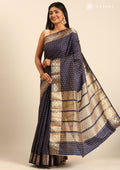 Dark Blue Traditional Zari Butta Woven Tussar Saree - Taashi
