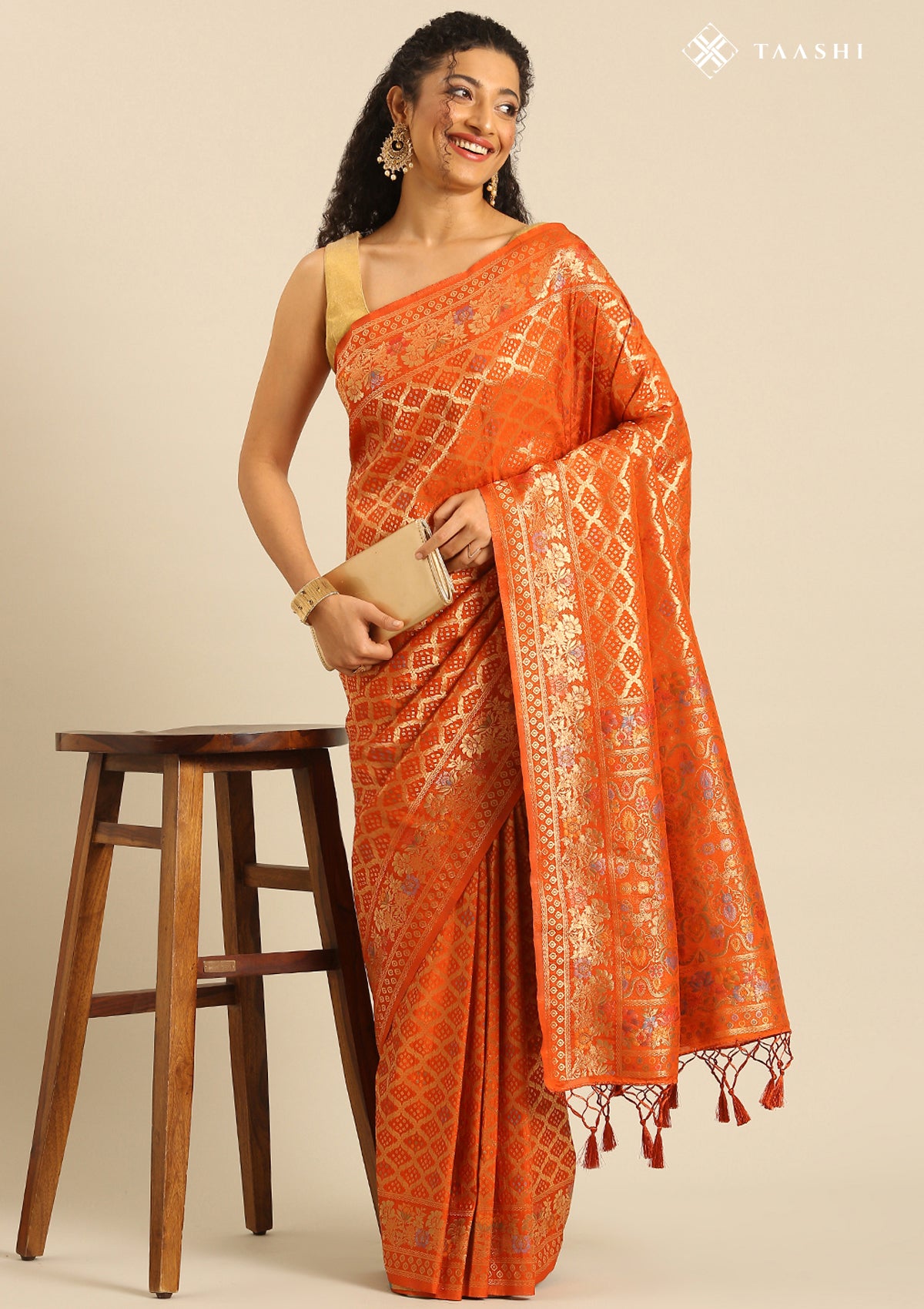 Orange Semi Banarasi SIlk Saree
