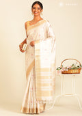 Cream TextuRed Pink Floral Printed With Foil Butta Work Printed Tussar Saree - Taashi