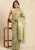 Sage Green Floral Printed Zari Woven Organza Saree - Taashi