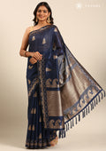 Navy Blue Zari Floral Butta Tussar Saree - Taashi