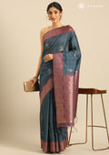 Dark Blue Floral Woven Tussar Saree - Taashi