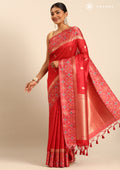 Red Ikat Pattern And Tradition Pattern Woven Tussar Saree - Taashi