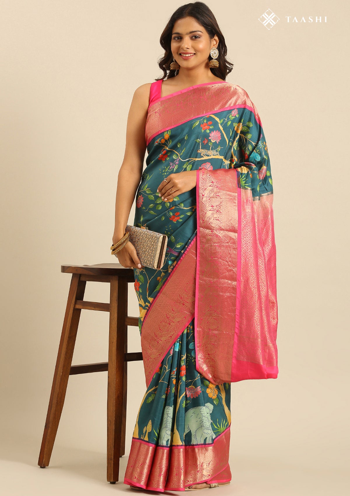 Teal Nature InspiRed Printed Silk Saree - Taashi