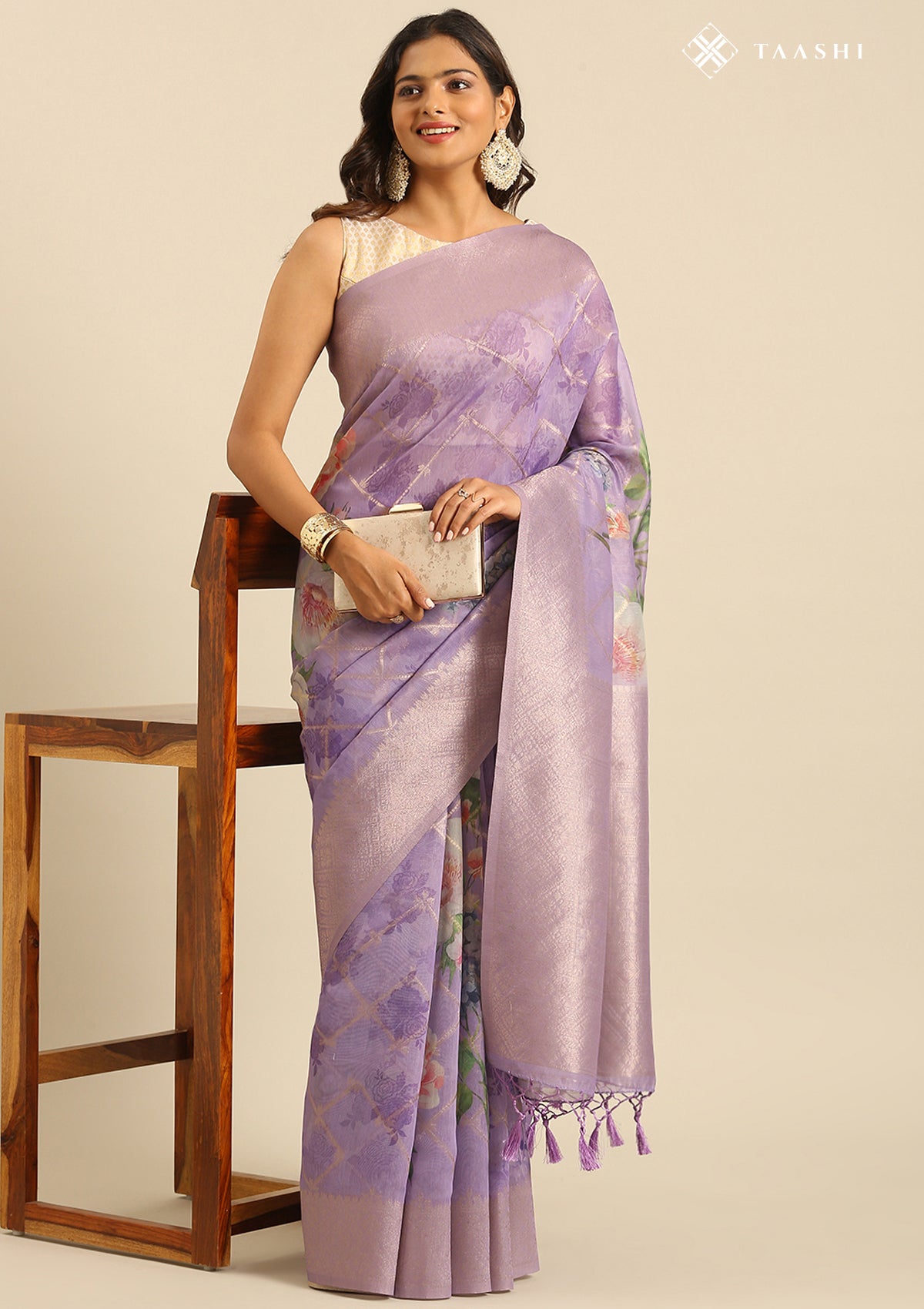 Mauve Floral Printed Zari Woven Organza Saree - Taashi