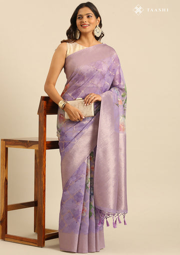 Mauve Floral Printed Zari Woven Organza Saree - Taashi