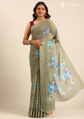 Dusty Green Floral Digital Printed Georgette Saree - Taashi
