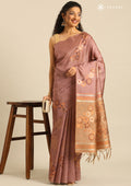 Dusty Pink Floral Woven Tussar Saree - Taashi