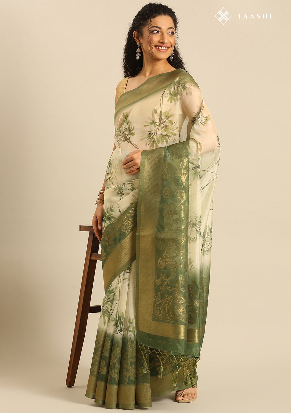 Green Zari Woven And Floral Printed Organza Saree