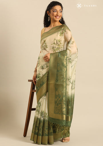Green Zari Woven And Floral Printed Organza Saree
