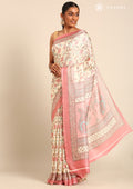 Cream And Dusty Pink Jaal Floral Printed Art Tussar Matka Silk Saree - Taashi