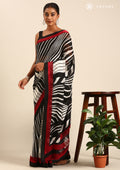 Black And White Abstract Printed Chiffon Saree - Taashi