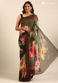 Chocolate Brown Multicolor Floral Digital Printed Georgette Saree - Taashi
