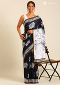 Black Batik Elephant Printed Cotton Saree - Taashi