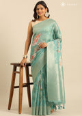 Pastel Green Floral Printed Zari Woven Organza Saree - Taashi