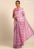 Purple Watercolor Floral Printed And Plaids Woven Linen Saree - Taashi