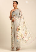 Pastel Sage Green Watercolor Floral Printed Georgette Saree - Taashi