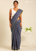 Navy Blue Batik Floral Butta Printed Cotton Saree - Taashi