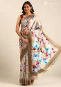 Beige Floral Digital Printed Satin Saree - Taashi