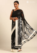 Black Abstract Floral Printed And Striped Chiffon Saree - Taashi