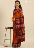 Orange And Maroon Batik Printed Cotton Saree - Taashi