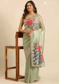 Pista Green Tissue Saree EmboideRed On The Pallu - Taashi
