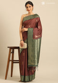 Chocolate Brown Floral Woven Tussar Saree - Taashi