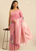 Pastel Pink Floral Printed Zari Woven Organza Saree - Taashi