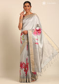 Grey Floral Printed Tussar Saree - Taashi