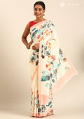 Cream Multicolor Watercolor Floral Printed Crepe Saree - Taashi