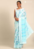 Blue Watercolor Floral Printed And Plaids Woven Linen Saree - Taashi