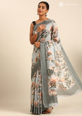 Grey Floral Printed Georgette Saree - Taashi