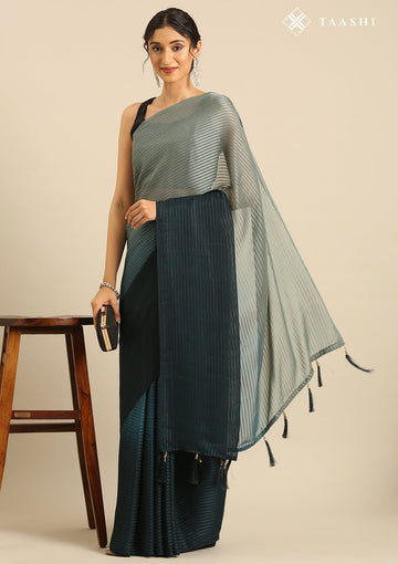 Dark Teal Contemporary Woven Chiffon Saree