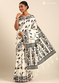 Cream And Black Floral And Tribal Pattern Woven Tussar Saree - Taashi