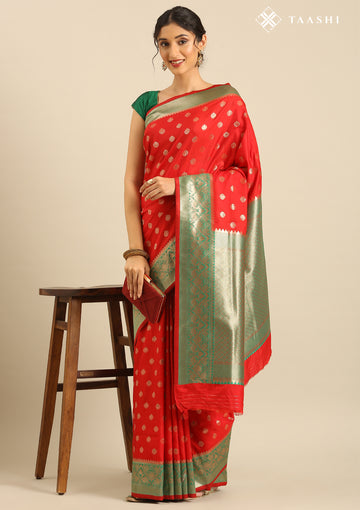 Red Allover Butta Weaving Silk Saree - Taashi