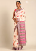 Cream Watercolor Floral Printed And Plaids Woven Linen Saree - Taashi