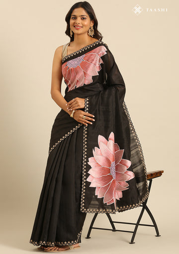 Black Floral EmbroideRed Tissue Saree - Taashi