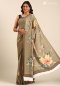 Beige Floral Digital Printed Crepe Saree - Taashi