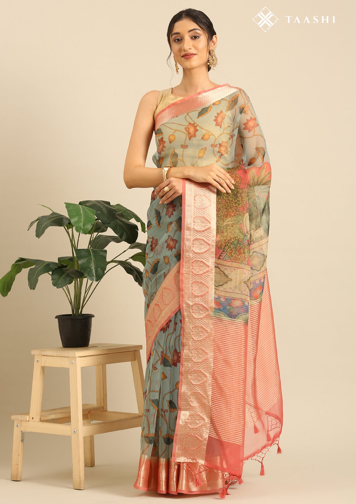 Pastel Pink And Blue Nature InspiRed Printed Organza Saree - Taashi