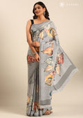 Grey Leaf Digital Printed Crepe Saree - Taashi
