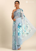 Pastel Blue Watercolor Floral Printed Georgette Saree - Taashi