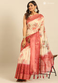 Dusty Red Blue Zari Woven And Floral Printed Organza Saree - Taashi