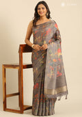 Graphite Floral, Flamingo Printed And Zari Stripes Tussar Saree - Taashi