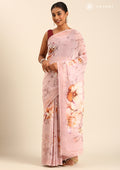 Pastel Pink Watercolor Floral Printed Georgette Saree - Taashi