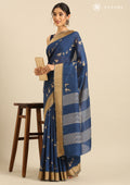 Navy Blue Bird Printed Tussar Saree - Taashi