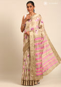 Pastel Olive Green Watercolor Floral Printed And Plaids Woven Linen Saree - Taashi