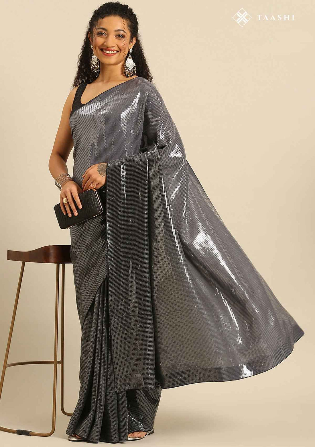 Black & Grey Ombre Cocktail Crepe Saree