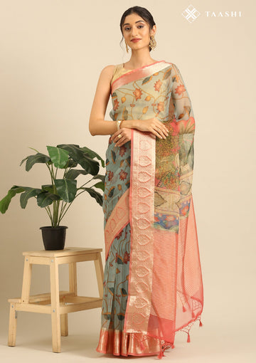 Dusty Blue Organza Pichwai Printed Saree
