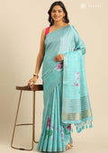 Pastel Blue Floral Printed Zari Woven Tussar Saree - Taashi