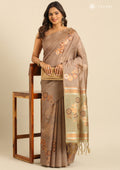 Dusty Brown Floral Woven Tussar Saree - Taashi